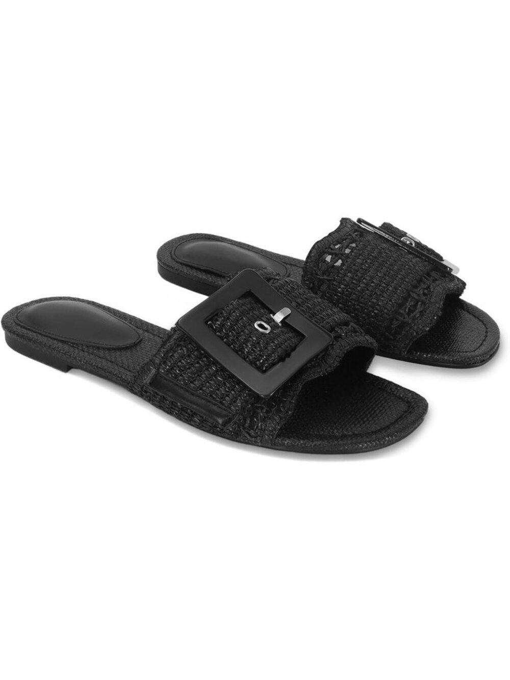 Women's Black Raffia Woven Braided Rattan Summer Cute Comfort Buckle Straw Flats